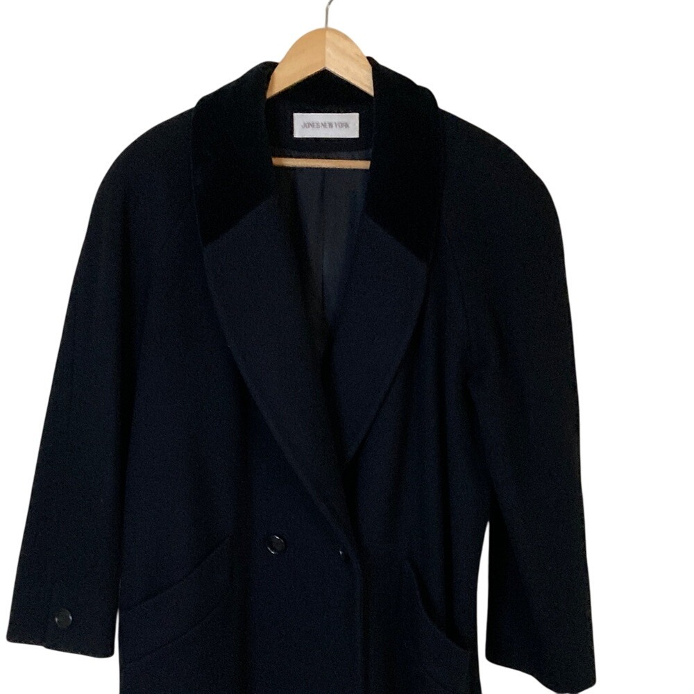 VTG‎ Jones New York Classic Black Wool Double Breasted Long Topcoat Size XL